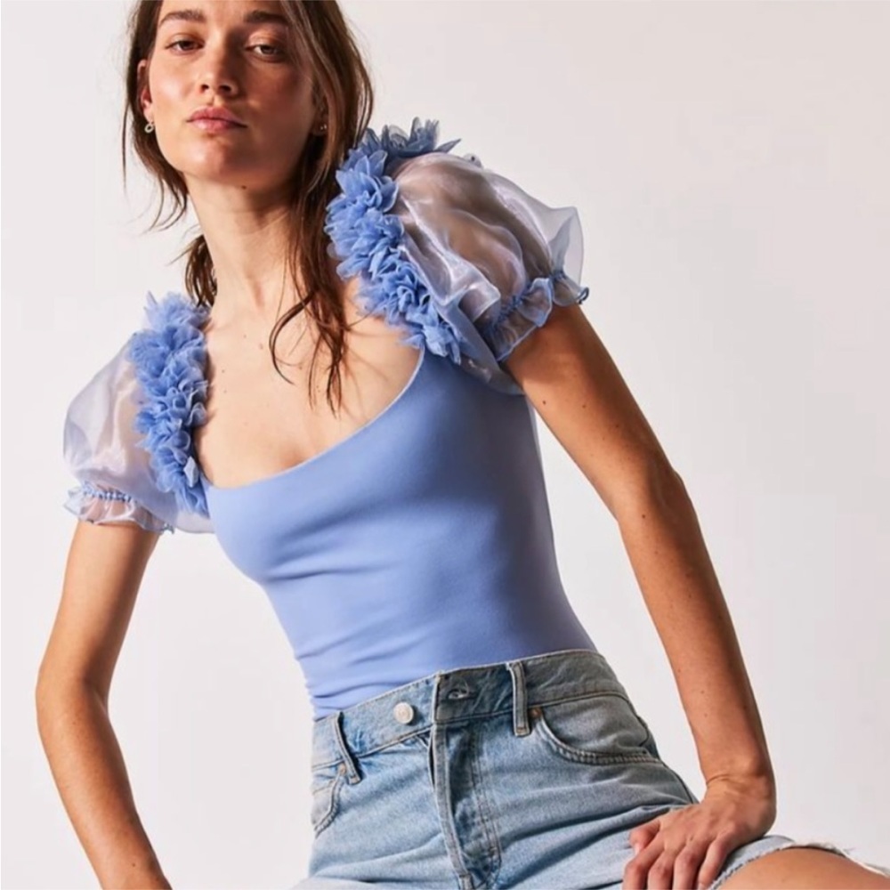 Free People Blue Puff Sleeve Bodysuit